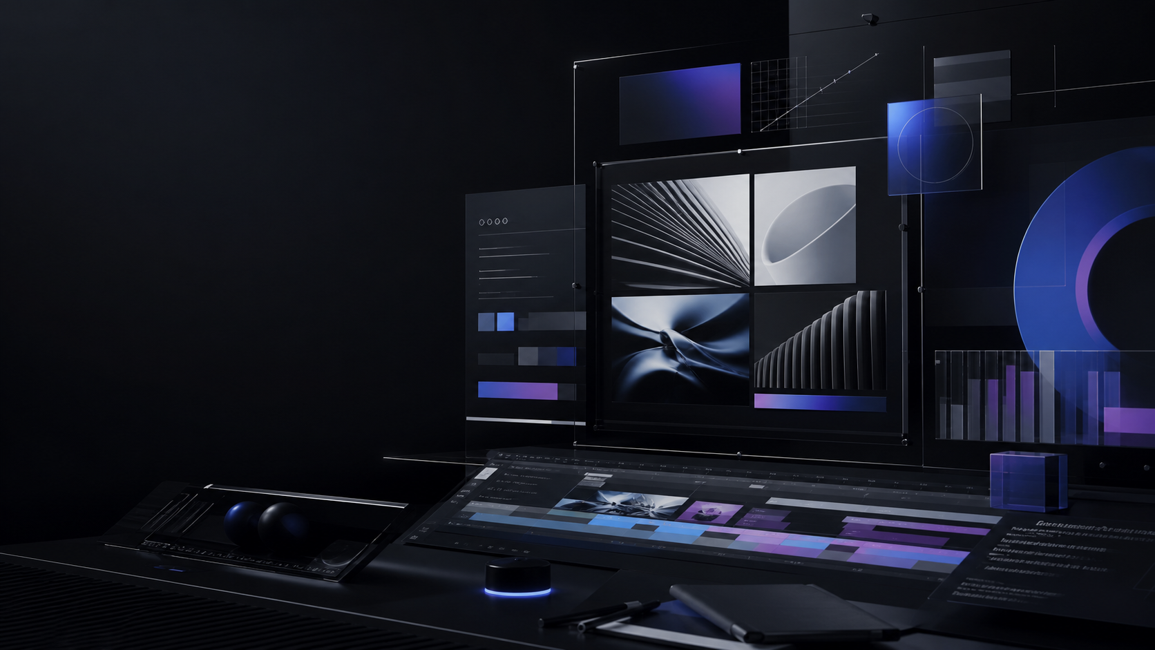 Abstract creative direction board with video, branding, and digital campaign visuals